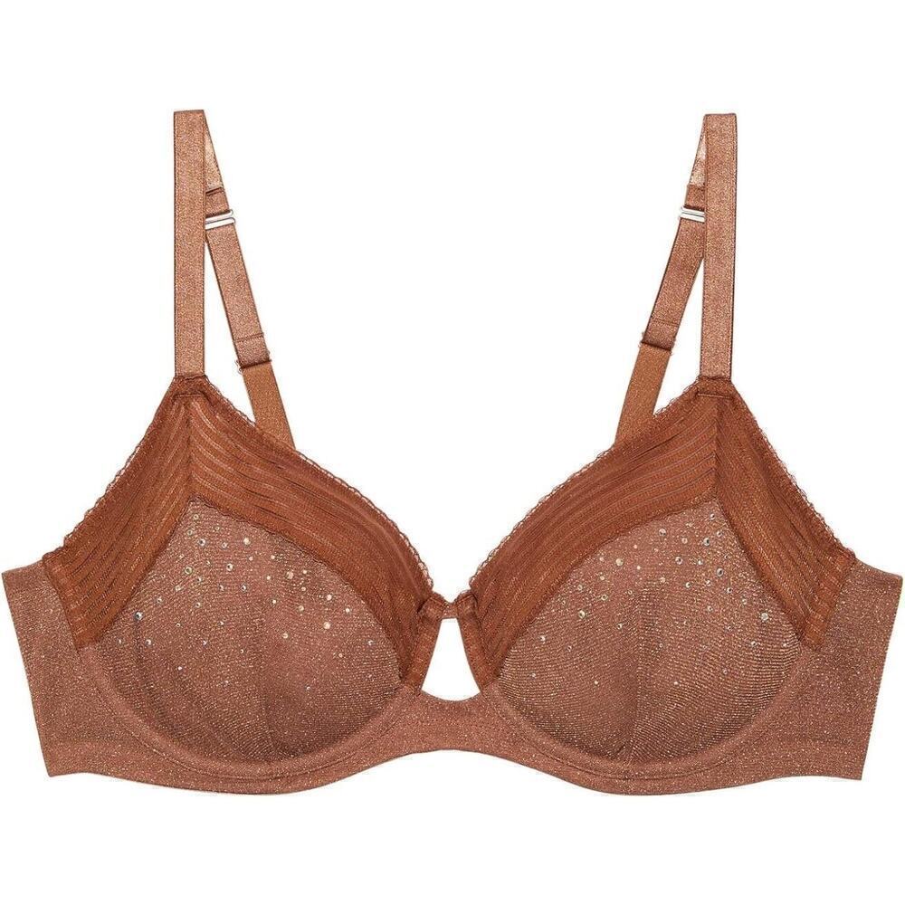 Savage X Fenty Garden of Eden Brown Bra 38 DDD Unlined Underwire Sheer Crystals